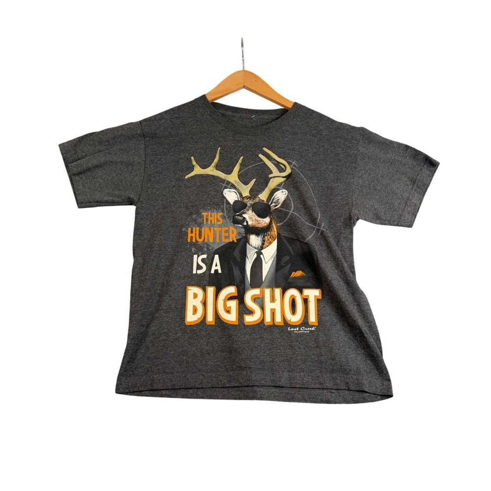 Farm to Market Youth Large Big Shot Hunter Deer Graphic Tee Charcoal Grey L